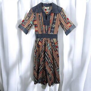VTG 60-70s Size 5.7.9 Shops Dress Woman XSmall Collared Tribal Pattern‎ Hippie